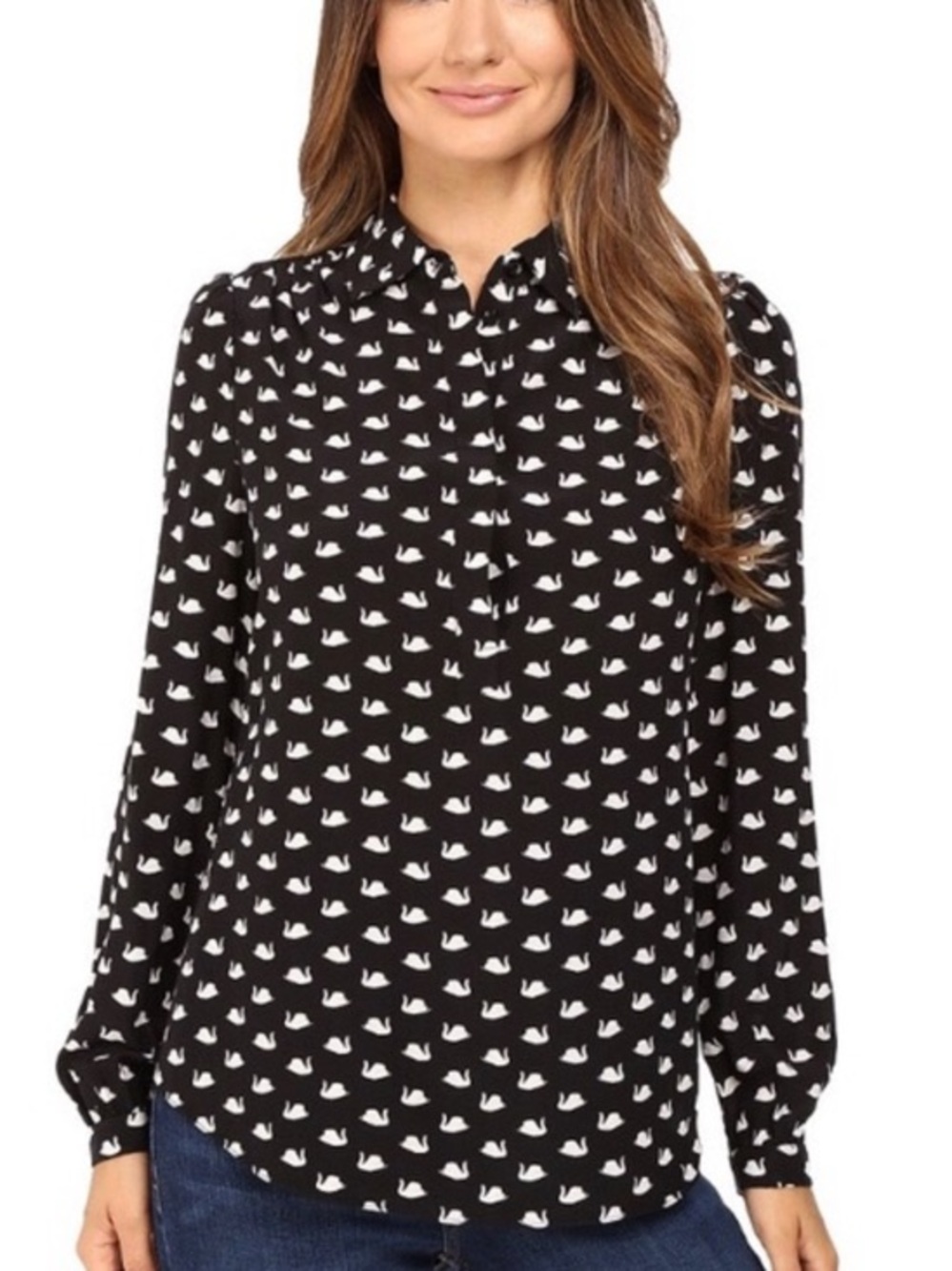Kate Spade Silk Blend Black Collared Long Sleeve Blouse Swan Print 🦢